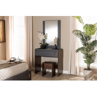 Baxton Studio BR3DT305-Columbia/Dark Grey Rikke Modern and Contemporary Two-Tone Gray and Walnut Finished Wood Bedroom Vanity with Stool